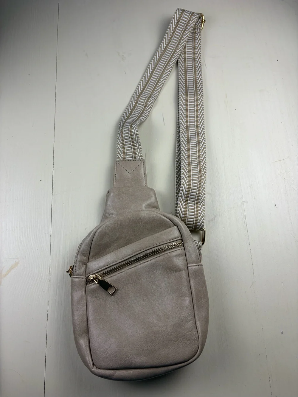 Neutral Taupe Crossbody Sling Bag with Chevron Strap